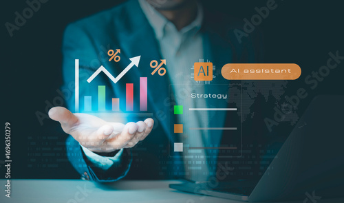 Businessmen use agentic AI assistants to Help Analyze Information graph with percentage, offer discount, adjusting interest rates, raising interest rates to fight inflation, returns on investments