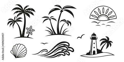 Tropical Beach Scene Icons Collection.
