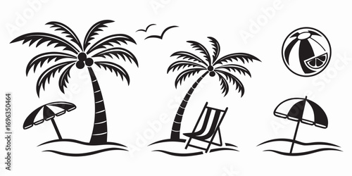 Tropical Beach Scene Icons with Palm Trees and Umbrellas.
