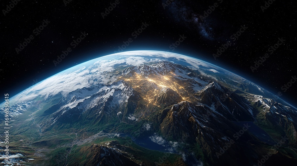 Obraz premium A panoramic perspective of Earth from outer space, featuring metropolitan city lights atop mountainous backdrops in the foreground