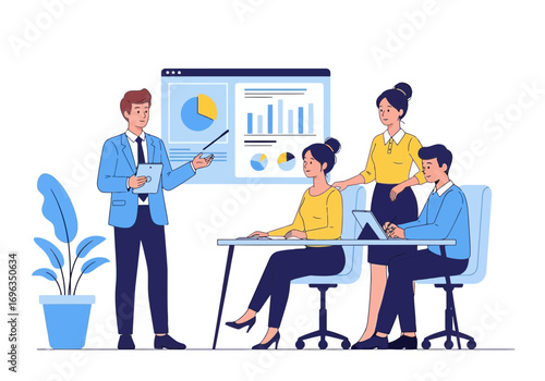 Vector art of business presentation with a speaker pointing at a chart on a screen, while colleagues observe and take notes during a meeting
