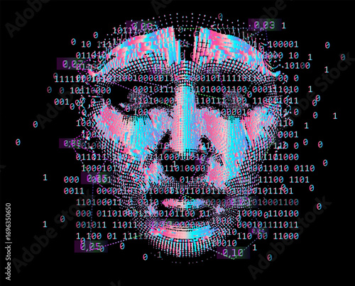 Glitch-art vector style, digital face composed of binary code, dots, and glitchy pink, blue, white hues on a black background. Theme: artificial intelligence, data, coding, technology.
