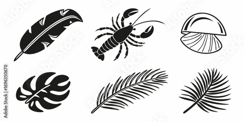 Tropical Elements Collection Lobster Leaves Feather Mushroom.