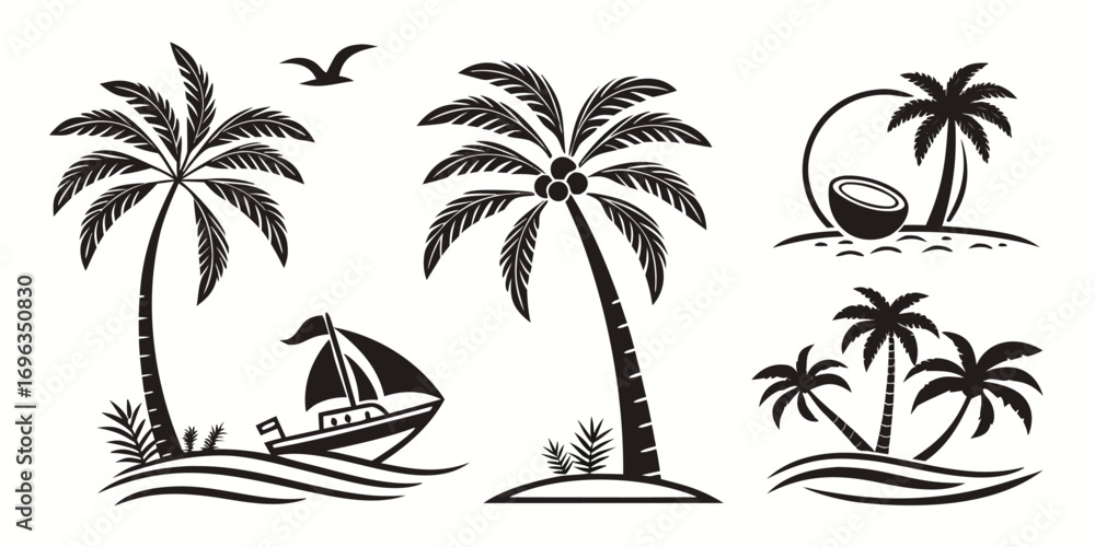 Obraz premium Tropical Island Palm Trees and Sailboat Vector Graphics.
