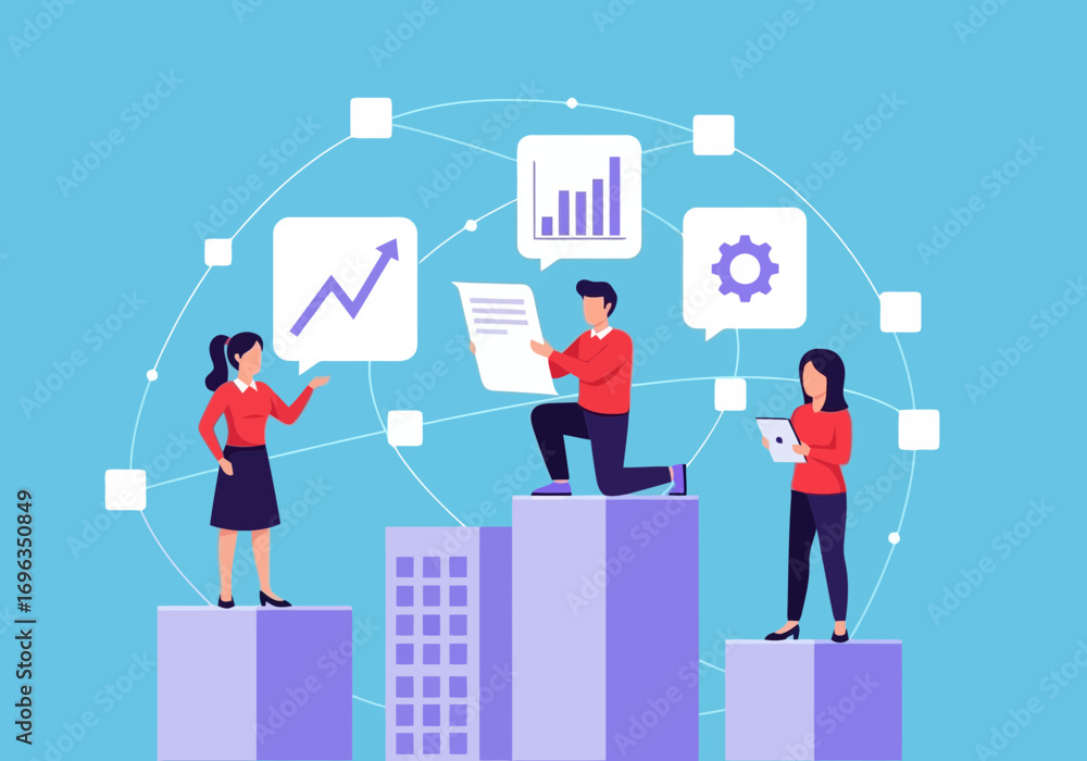 Naklejka premium Vector art of three business professionals standing on abstract building blocks, discussing growth charts and gears, representing progress and development