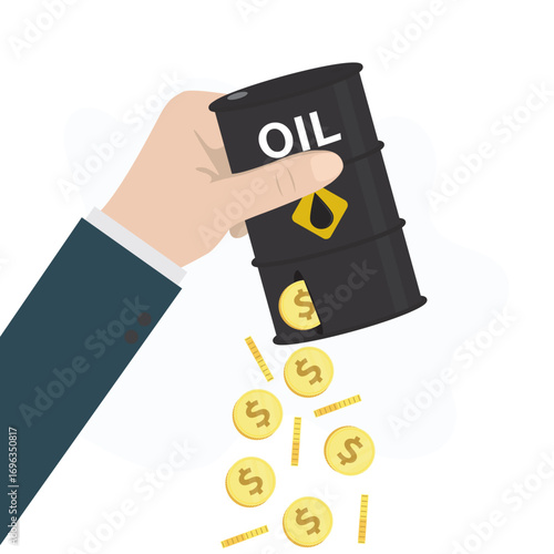 Lose money from fuel costs. Businessman hand holding oil tank with leaking money. Oil industry crisis, investor losses from oil and gas investments.