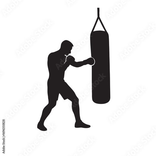 Vector art of silhouette of a boxer training with a punching bag