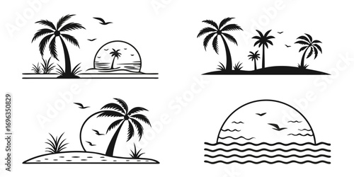 Tropical Island Palm Trees Sunset Silhouette Collection.