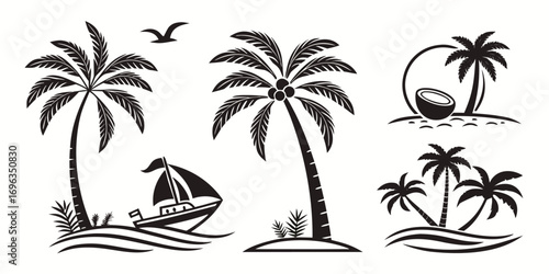 Tropical Island Palm Trees and Sailboat Vector Graphics.