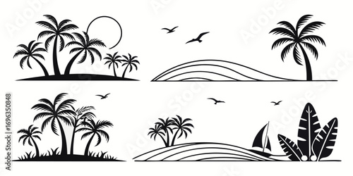 Tropical Island Paradise Palm Trees and Sailboat Silhouette.