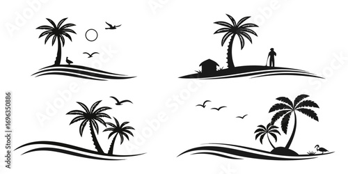 Tropical Island Silhouettes with Palm Trees and Birds.