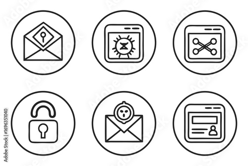 Email, Browser Window and Lock Icons Hand Drawn Outline Set Keywords: email, envelope, lock, padlock