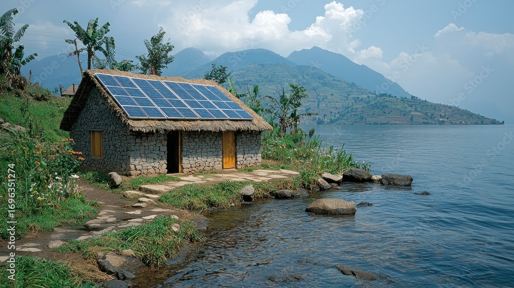 Fototapeta premium Lakeside stone hut with solar panels