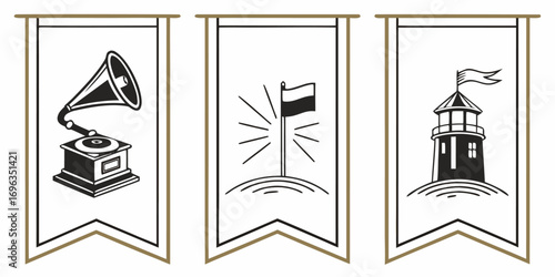 Vintage Icons on Banners Gramophone Flag Lighthouse.