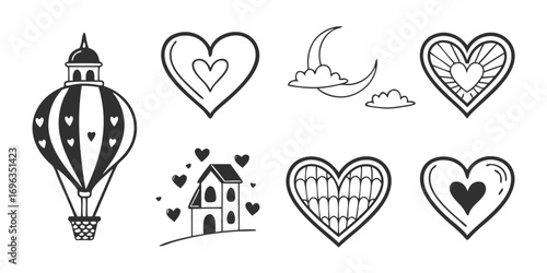 Whimsical HandDrawn Hearts and Hot Air Balloon Collection.
