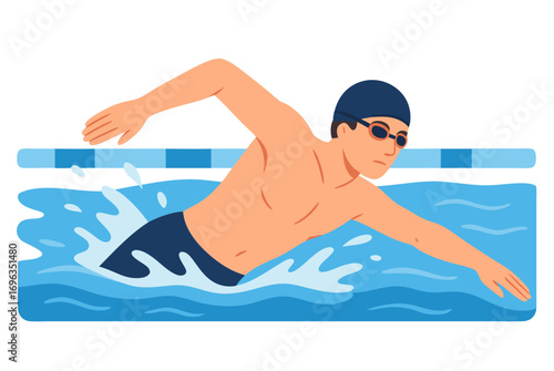 Illustration of a male swimmer in a pool during a swimming race