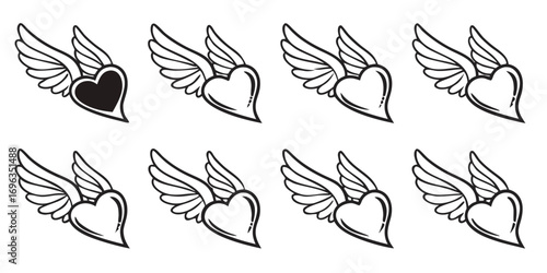 Winged Heart Icon Set Vector Illustration.