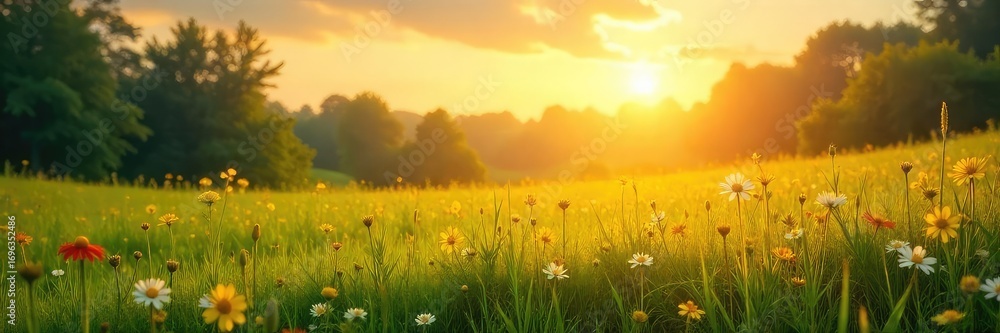 Fototapeta premium Serene landscape of a sun-drenched meadow, bathed in golden light, evoking a sense of spiritual peace and tranquility Perfect for concepts of divinity, nature, and serenity , picturesque, nature