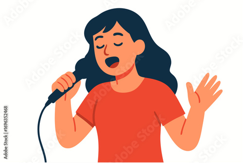 Passionate female vocalist enjoying a lively performance, singing with microphone in hand