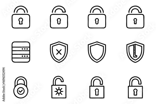 Lock and Security Icons Padlock Shield with Cross and Unlock Symbol vector illustration