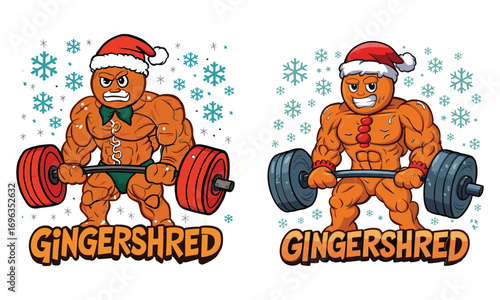 Christmas-Themed Gingershred Gingerbread Character with Santa Hat and Barbell – Festive Workout Design with Muscular Gingerbread Man Lifting Weights – Perfect for Holiday Fitness Apparel