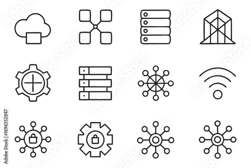 Network and Server Icons Cloud Server Gear Connection data