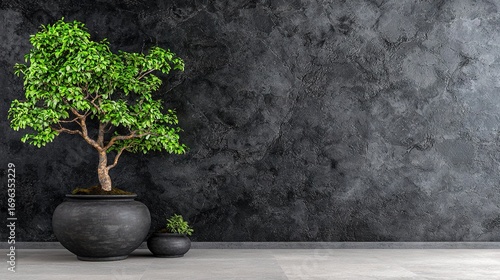   A bonsai tree in a black pot on a stone floor in front of two black vases