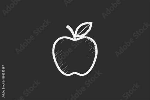 Simple white chalk drawing of an apple with a leaf on a dark background.