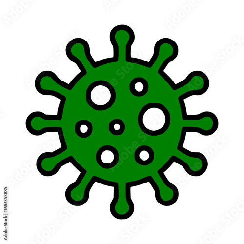 Green virus icon with spiky exterior, a symbol of infection and disease prevention awareness campaign