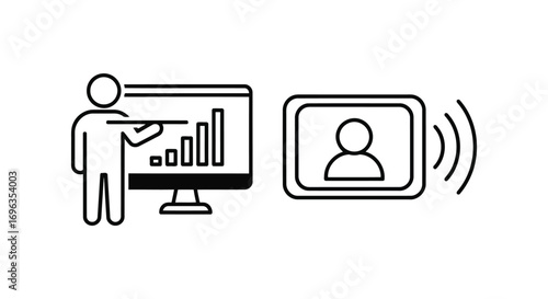 Vector illustration of person presenting data on computer screen with graph and remote participant icon