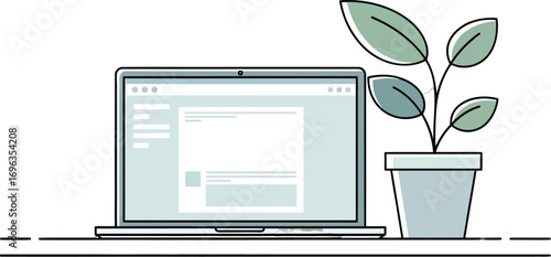 Laptop Plant Desk Minimalist, Modern Workspace Laptop, Clean Laptop Design, Work From Home Setup, Simple Office Background