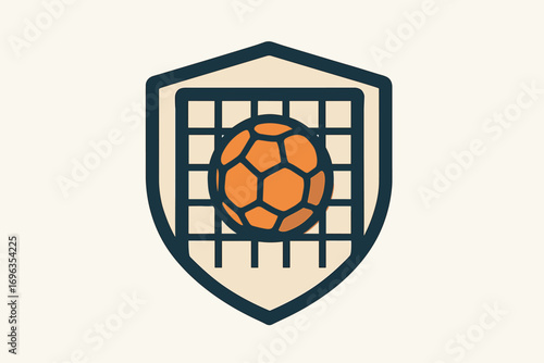 Soccer Ball in Goal Net Shield Icon for Sports Team.