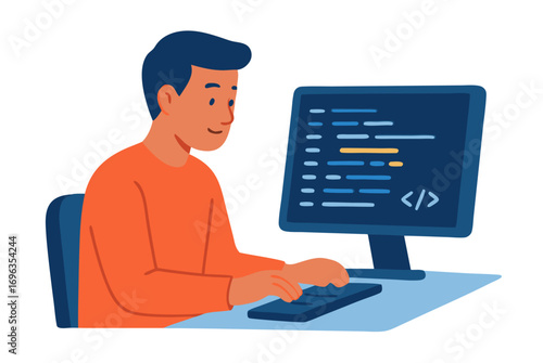 Programmer working on computer, coding on screen with lines of code and syntax highlighting