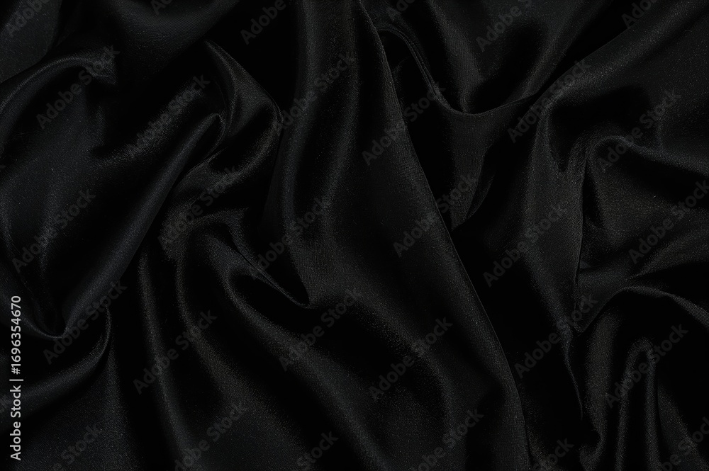 Obraz premium Dark smooth satin fabric with folds and creases, blank background for design or text, overhead flat lay view