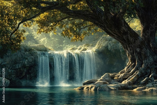 Serene waterfall cascading into a tranquil pool, nestled beneath the shade of a majestic ancient tree.