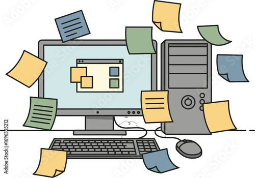Overwhelmed Desk, Sticky Notes Chaos, Computer Overload, Busy Workplace, Project Management Stress