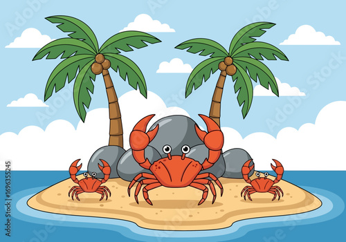 Vector art of three cartoon crabs on a small sandy island with two palm trees and a large rock under a blue sky with clouds