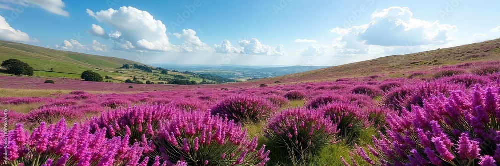 Naklejka premium Vast expanse of vibrant purple heather blooming across a moorland landscape under a bright summer sky Wildflowers, rolling hills, nature, scenic view, idyllic countryside , summer, bloom