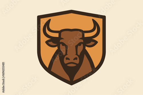 Stylized Brown Bull Head Mascot Inside a Shield.
