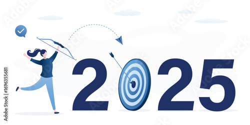 Successful businesswoman leader shot archery arrow hitting bull eyes of target year 2025. Business strategy plan, goal achievement. Financial target for calendar 2025 year.