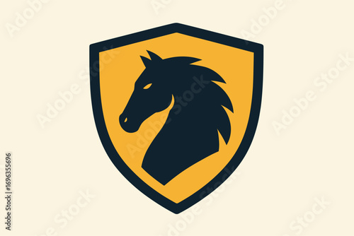 Horse Head Silhouette on Shield Emblem, Equestrian Symbol.