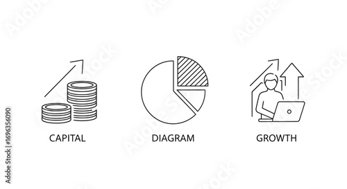 Vector illustration of three simple line art icons illustrating financial concepts capital, diagram, and growth