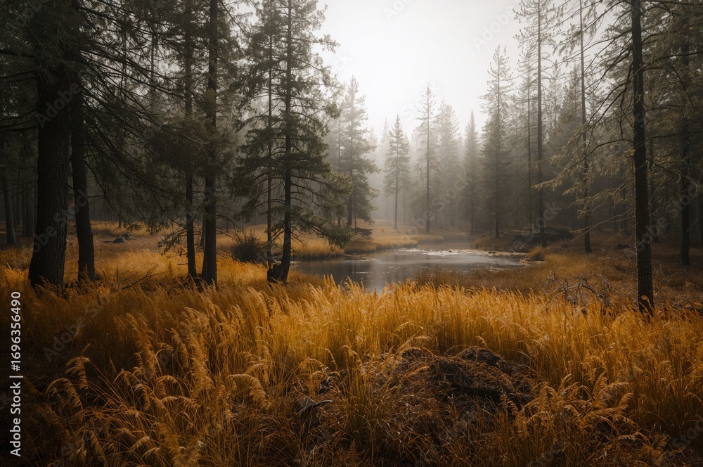 Obraz premium Pine woodland by a marsh with golden grass in an open space