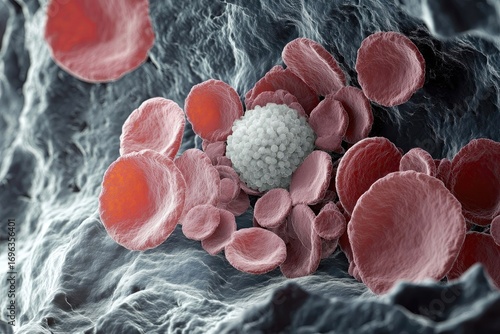 Microscopic view of a white blood cell surrounded by numerous red blood cells within a blood vessel.