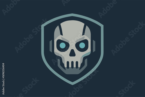 Futuristic robotic skull emblem with glowing eyes.