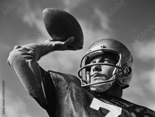 vintage black and white photo of an American football player in uniform, throwing the ball up into the air