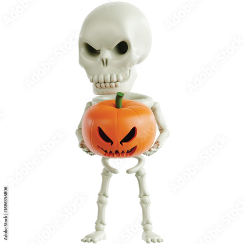 A small skeleton figurine holds a carved Halloween pumpkin.