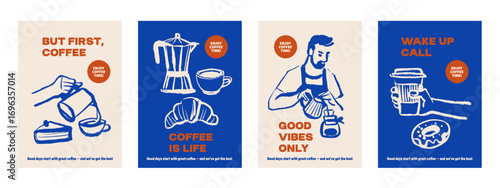 Hand drawn vintage coffee shop poster set. Cafe menu, packaging design. Whimsical sketch vector illustration.