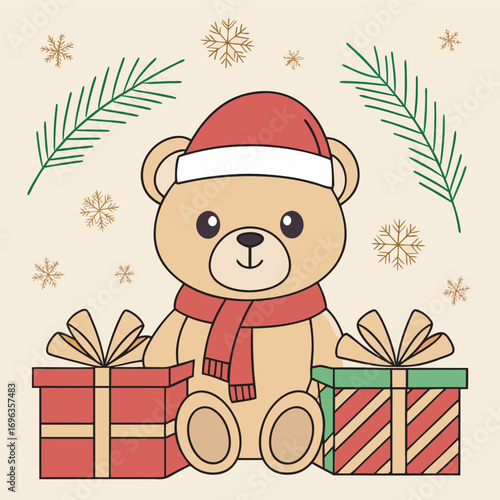 Cute teddy bear wearing a santa hat and scarf sitting with christmas gifts and snowflakes, creating a festive and heartwarming holiday scene