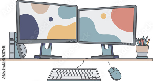 Dual Monitor Workspace, Modern Office Setup, Creative Desk Design, Two Monitor Workstation, Efficient Computer Setup